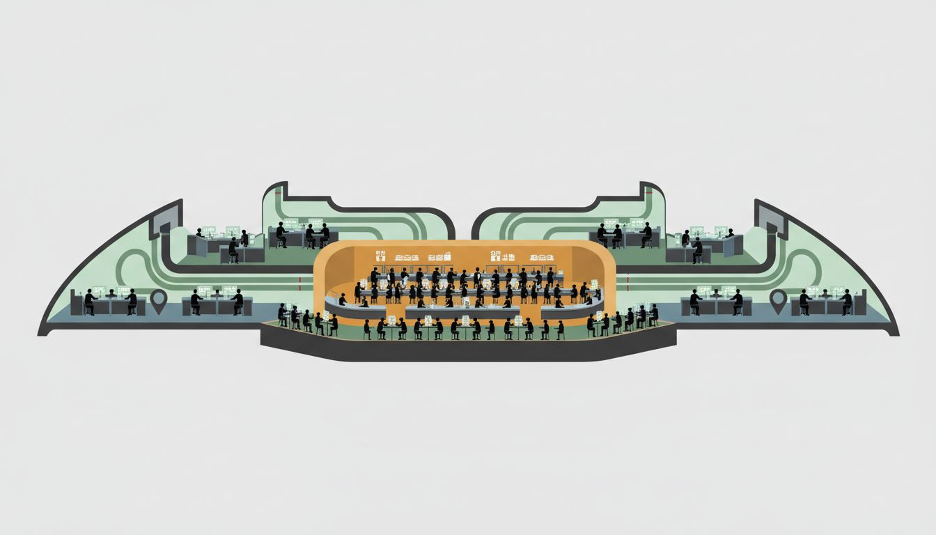 Cross-section illustration of a tech campus showing how a central cafeteria connects to surrounding work areas like a circulatory system