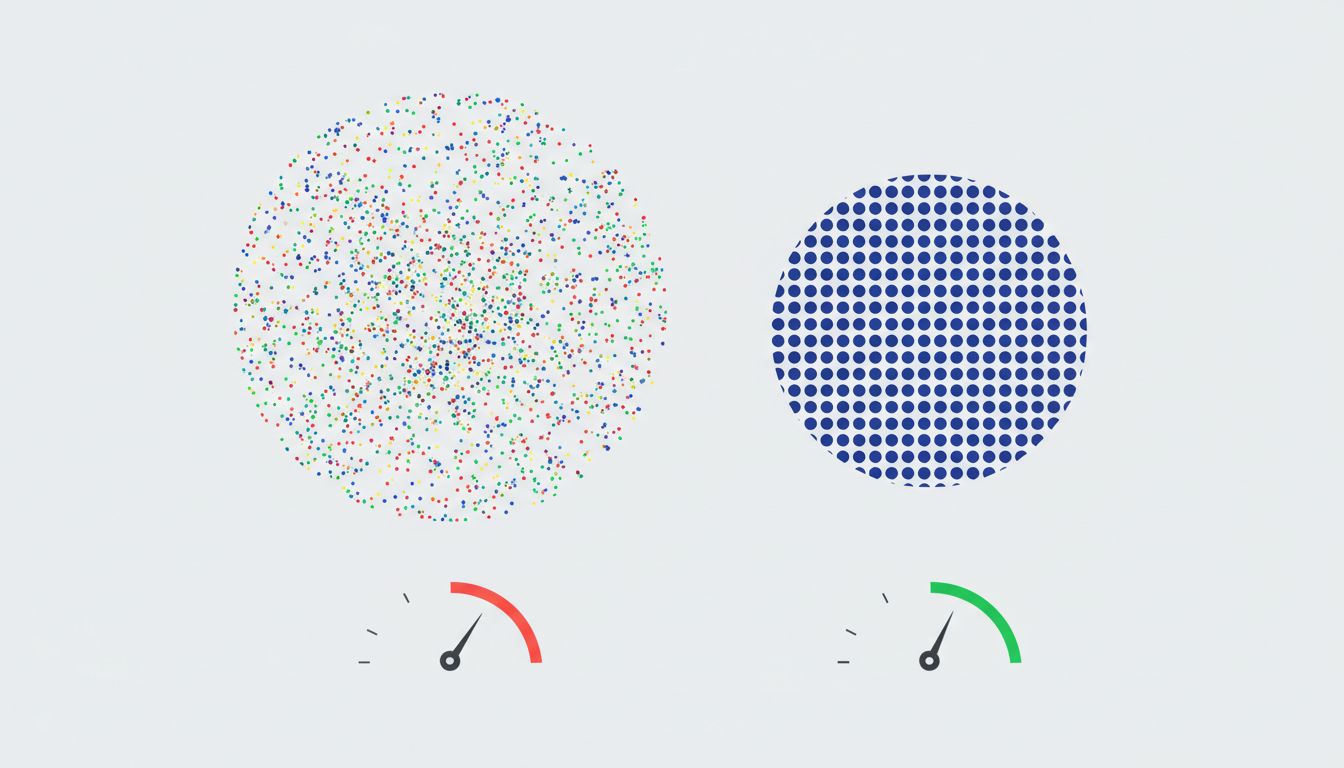 Diagram showing a large noisy dataset and small clean dataset, with the smaller dataset producing higher model performance scores