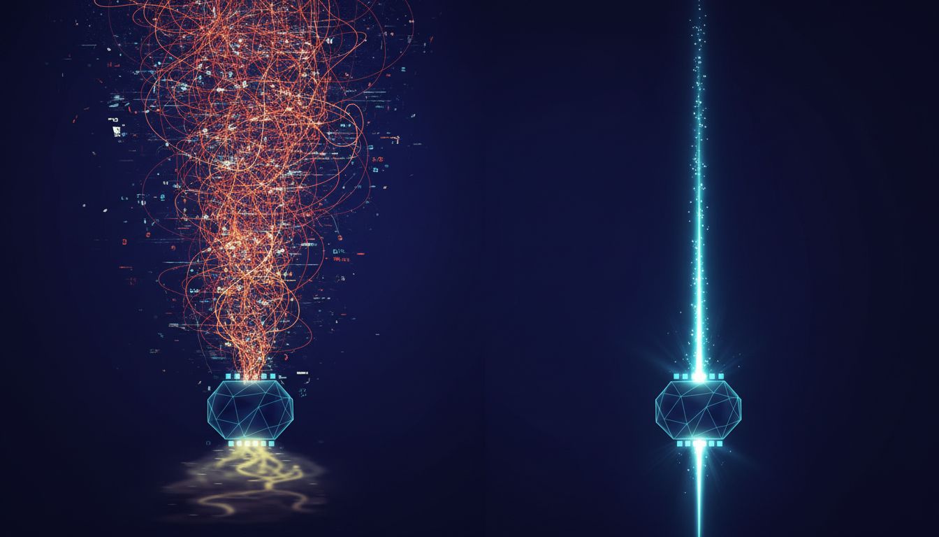 Illustration contrasting noisy large-scale data with clean curated data feeding into AI models, showing opposite quality outputs