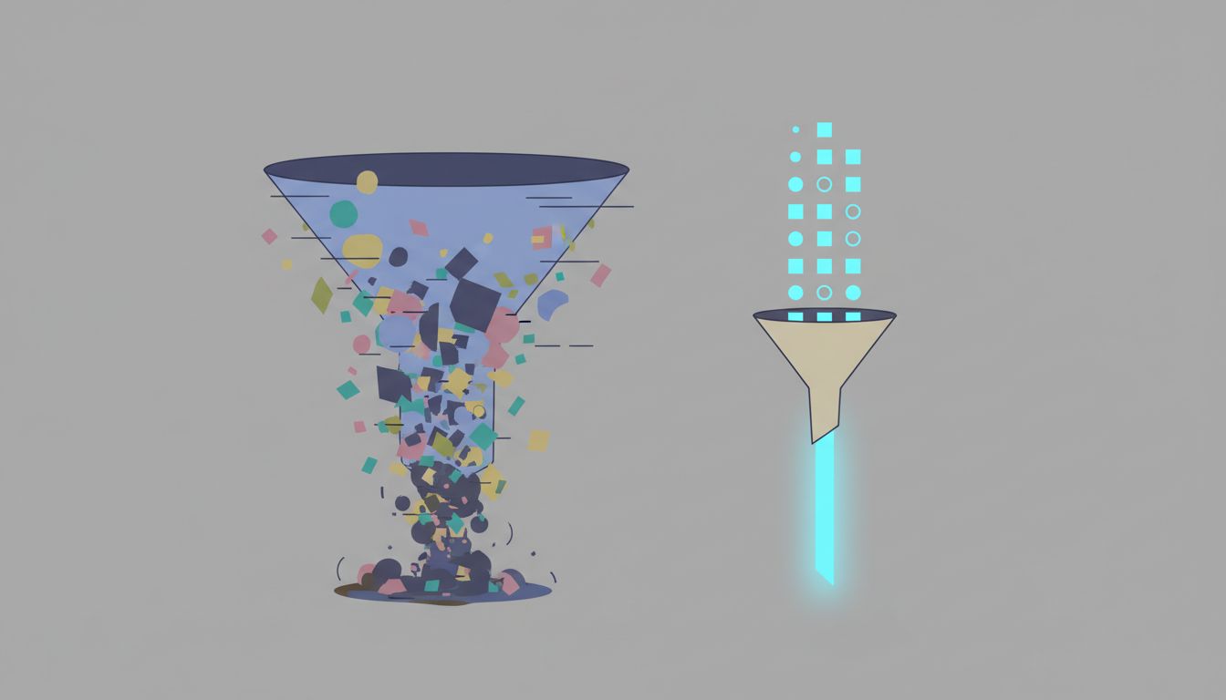 Illustration comparing a large noisy dataset producing distorted output versus a small clean dataset producing clear results