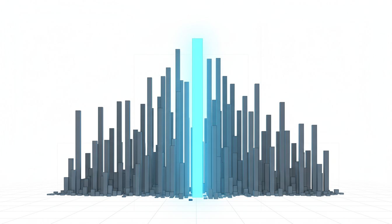 Abstract visualization of a probability distribution over tokens, with one dominant bar highlighted