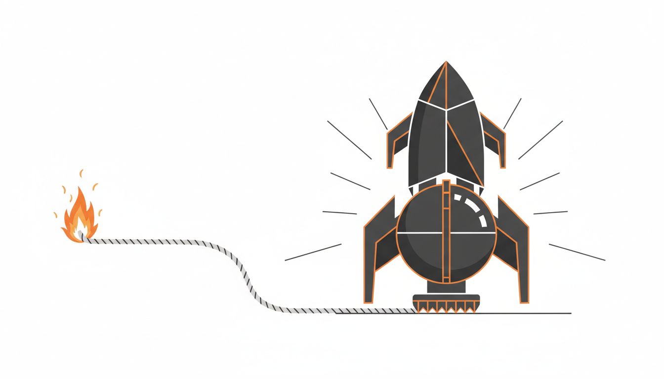 Illustration of a burning fuse attached to an ambiguous object that could be a rocket or a bomb