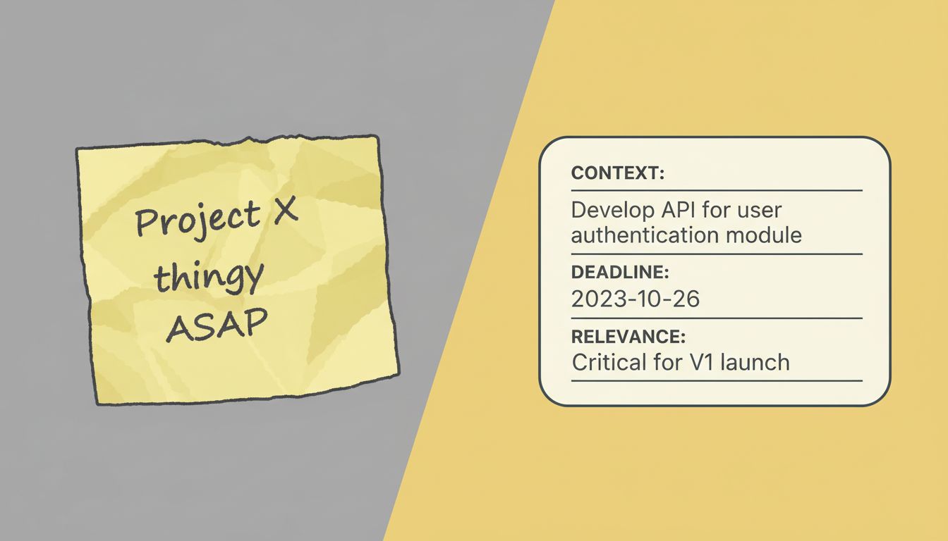 Side-by-side comparison of a vague task note versus a context-rich task note