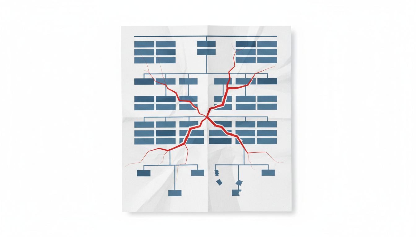 An org chart printed on paper that is cracking and tearing under its own complexity