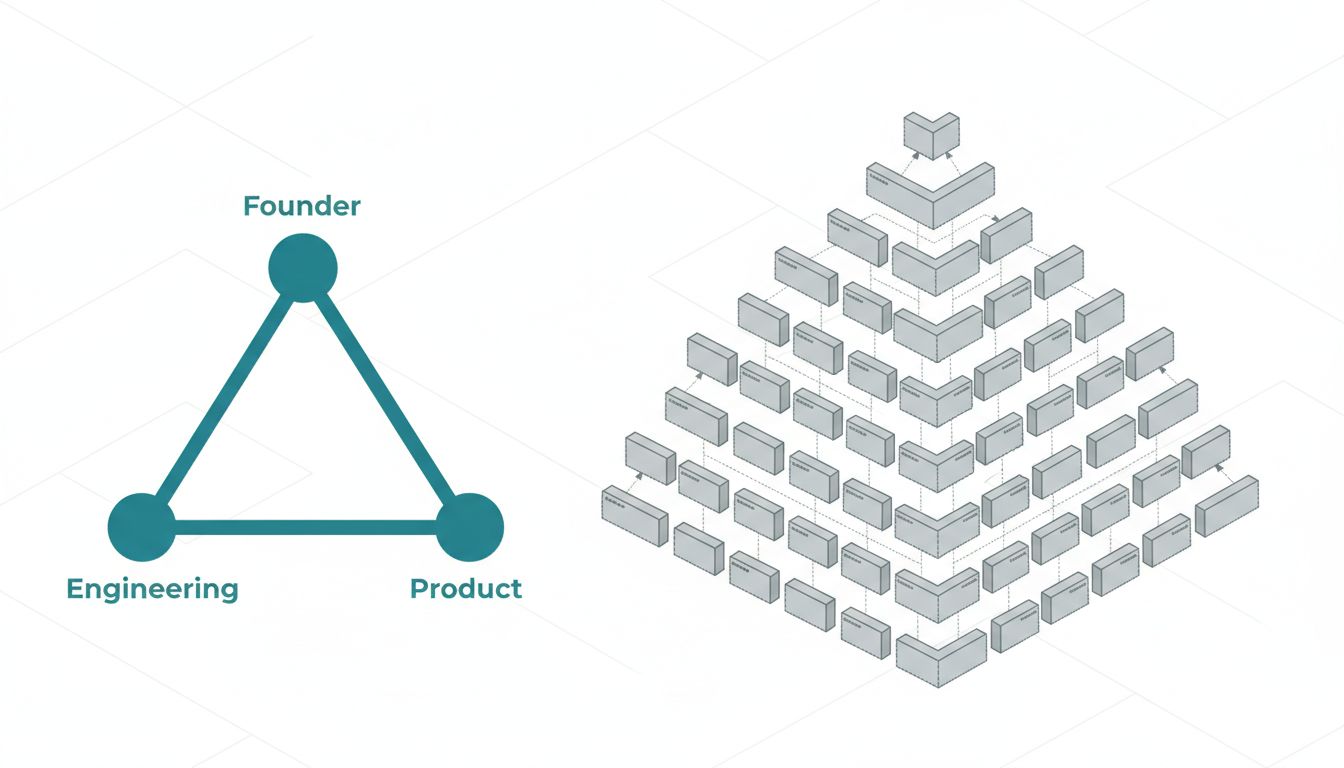 Two org charts contrasted: one small and functional, one large and mostly hollow