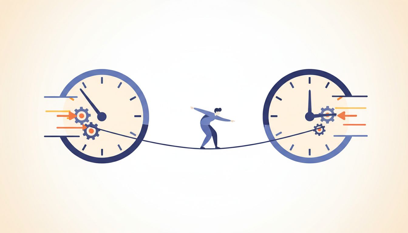 Two clocks with hands at wrong positions flanking a figure balancing on a tightrope, representing the timing tension of hiring decisions