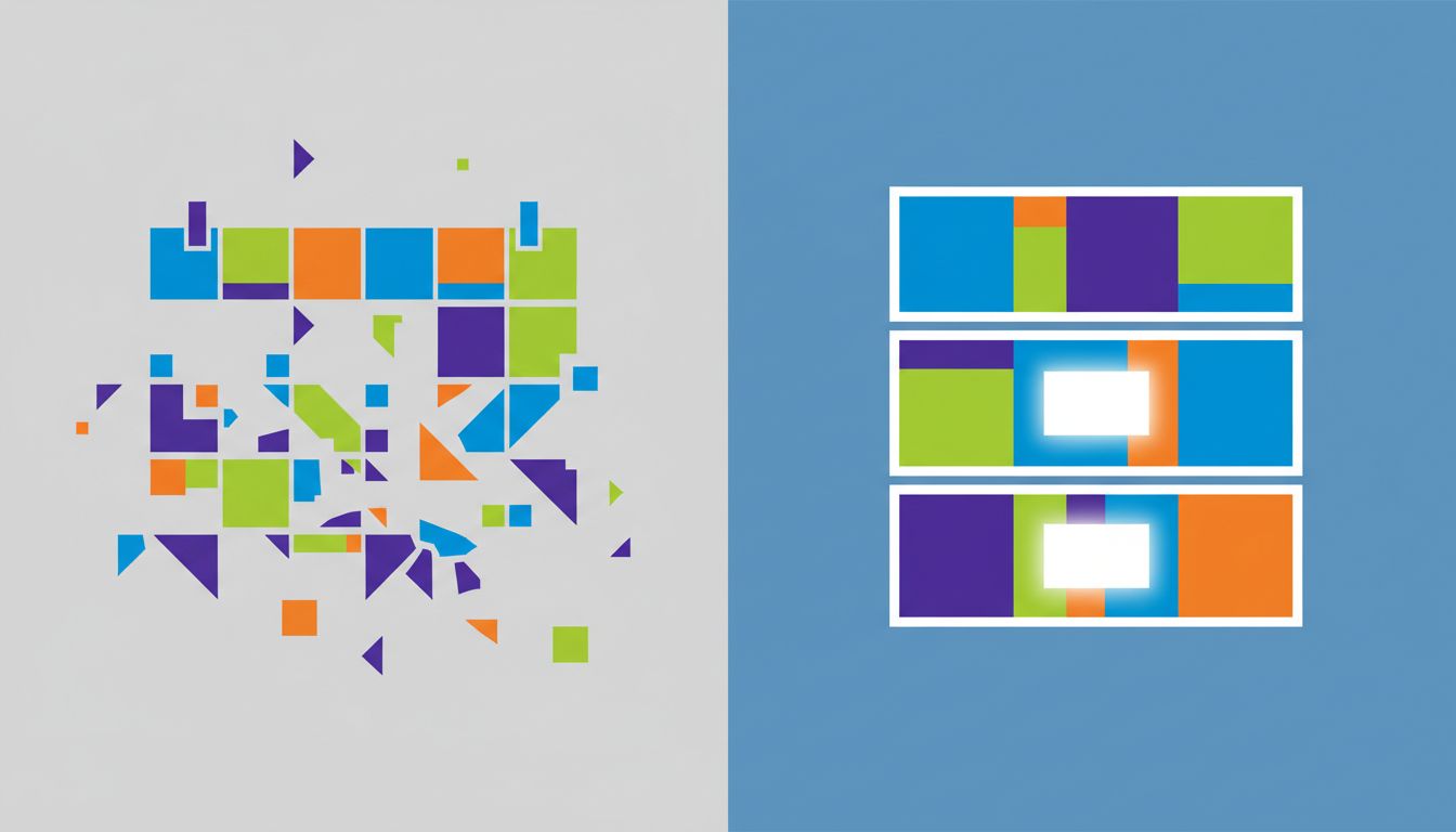 Two calendar states contrasted: fragmented scattered meetings on the left versus clustered, organized blocks with protected deep-work time on the right