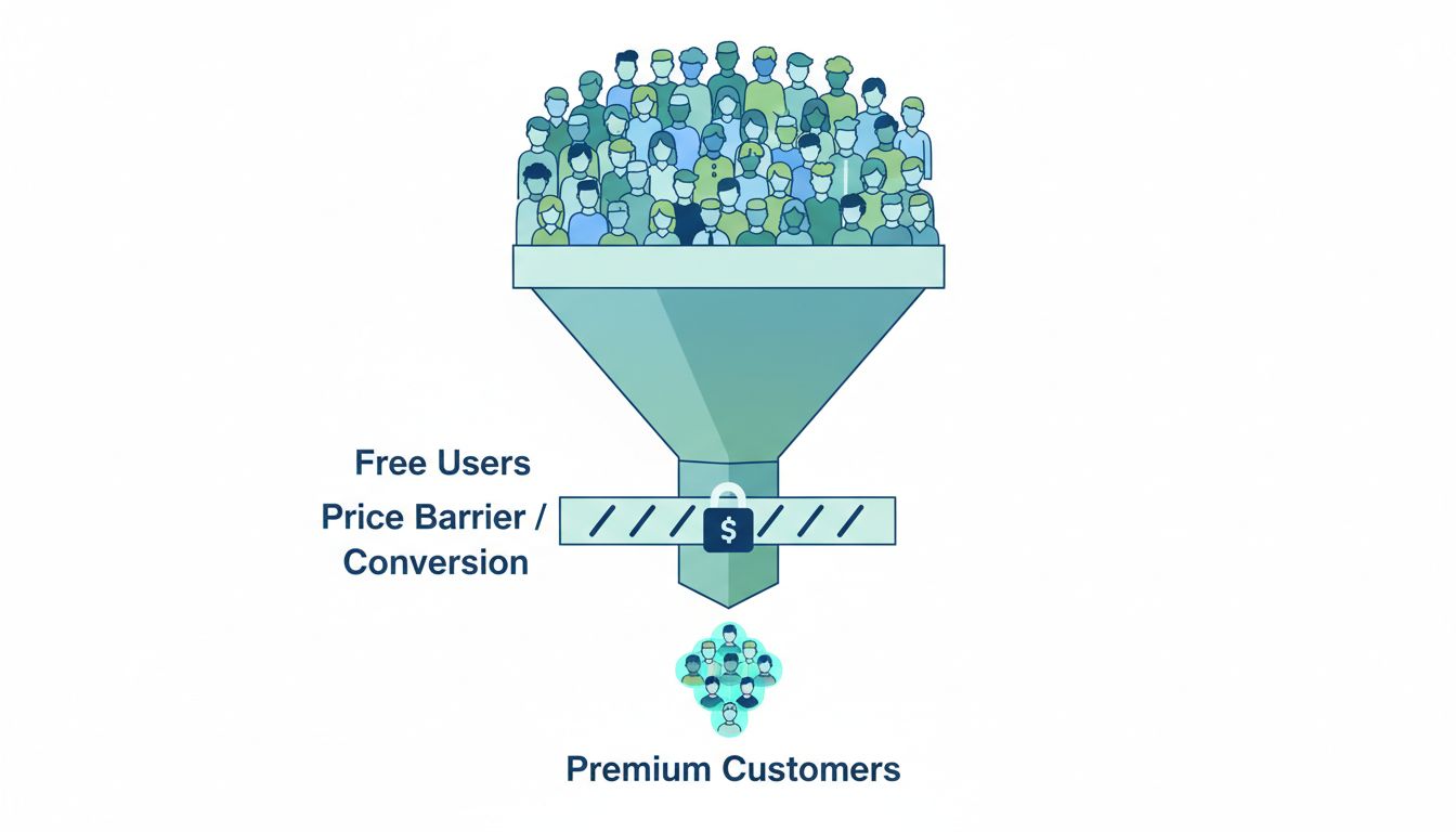 Funnel diagram showing how pricing filters a large user pool down to a targeted high-value customer segment