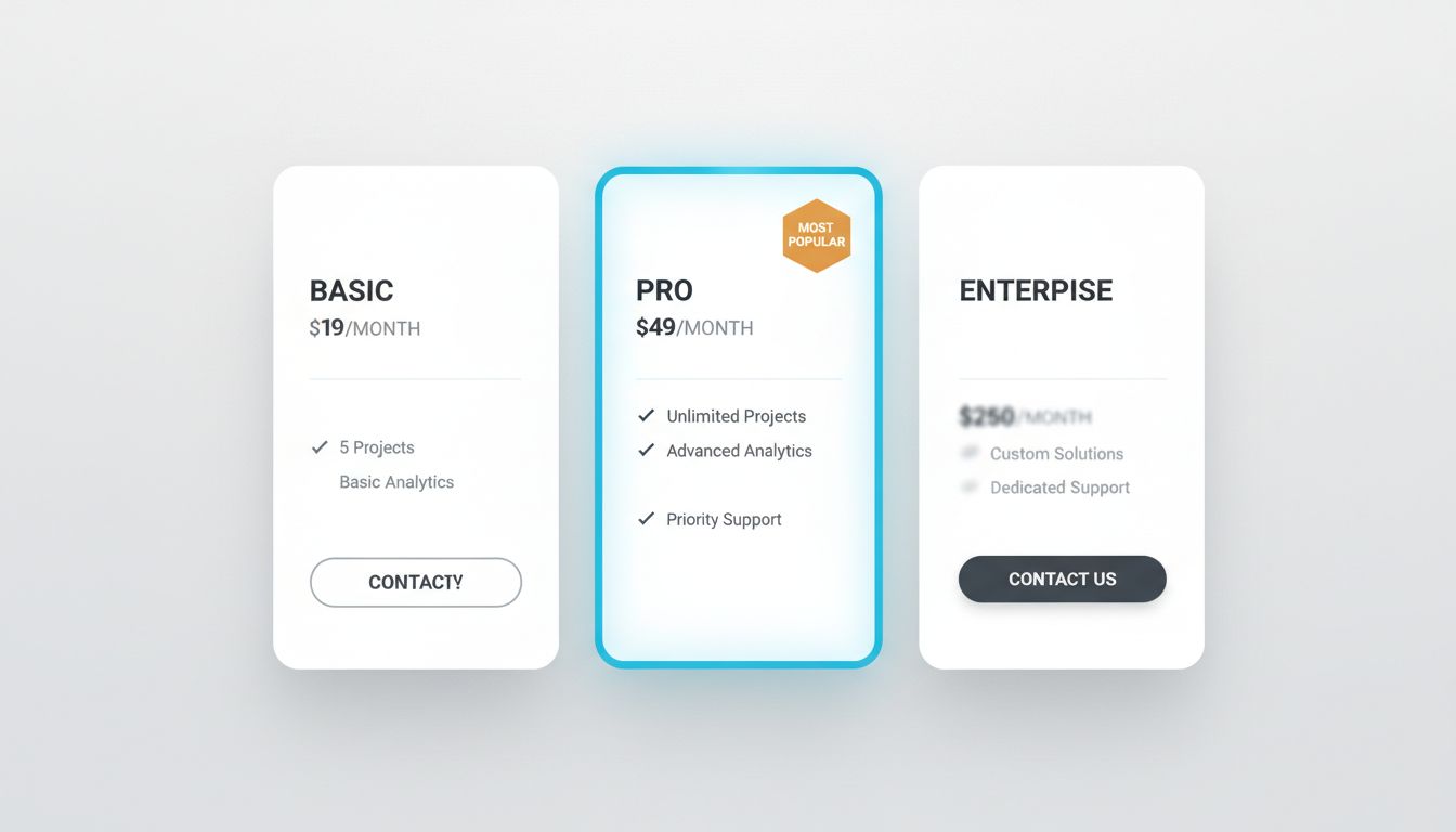 A three-tier SaaS pricing table with the middle option highlighted as most popular