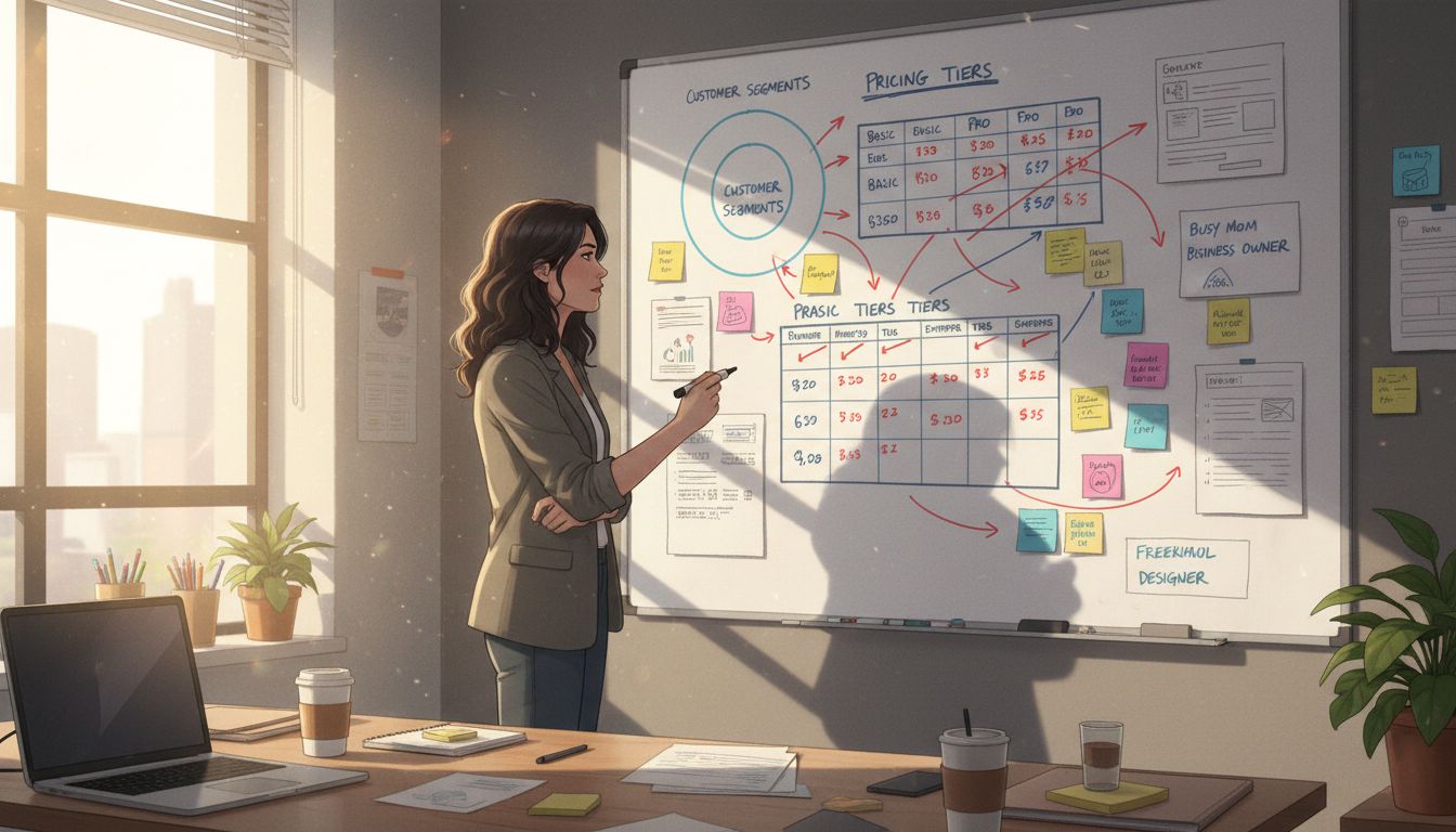 A founder mapping out customer segments and pricing strategy on a whiteboard