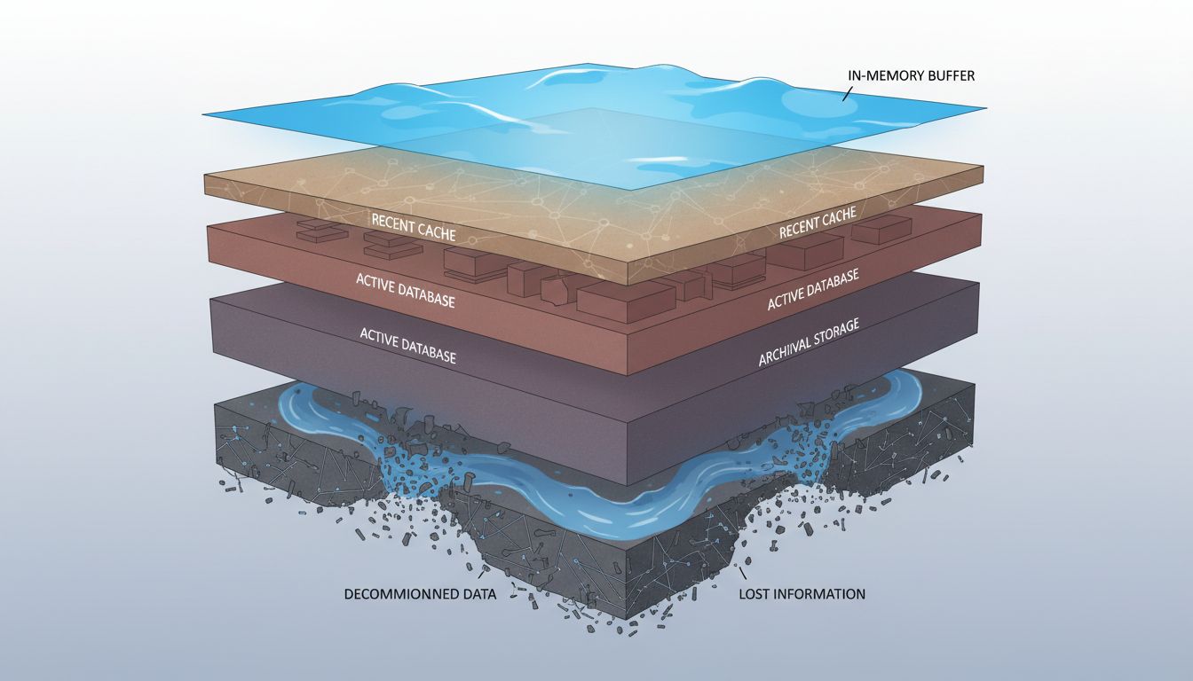 Cross-section diagram showing database storage layers from fast in-memory at top to slower disk layers below, with the deepest data dissolving away