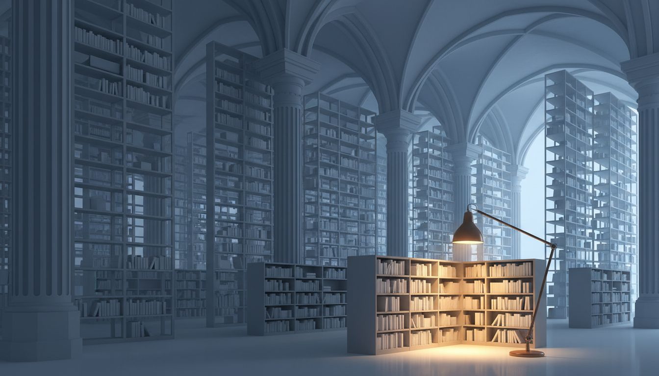 Abstract illustration of a library where most shelves fade into darkness while a small illuminated section remains clear, representing selective data retention