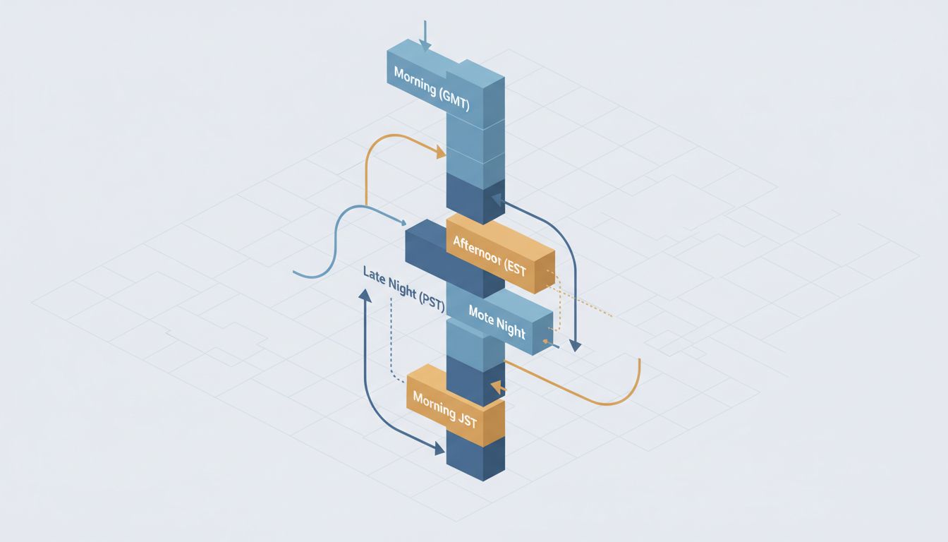 Abstract diagram showing asynchronous work handoffs as colored blocks on a timeline
