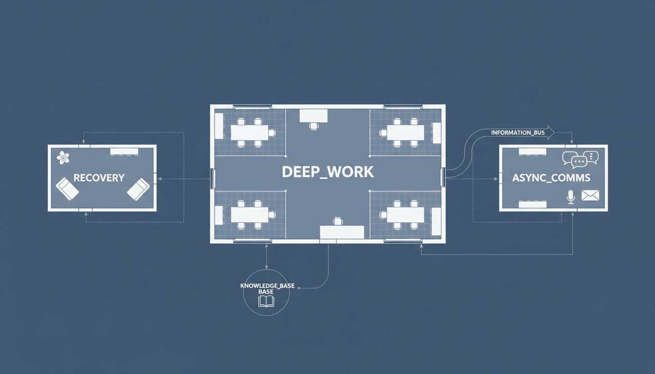 Workspace floor plan illustrated as a software architecture diagram with zones labeled like code modules