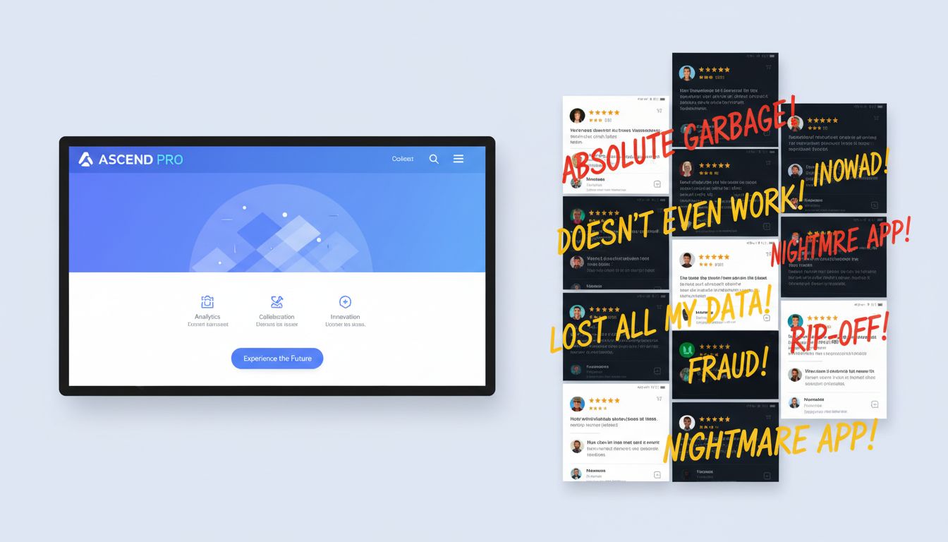 Split image showing a polished product website alongside angry one-star user reviews