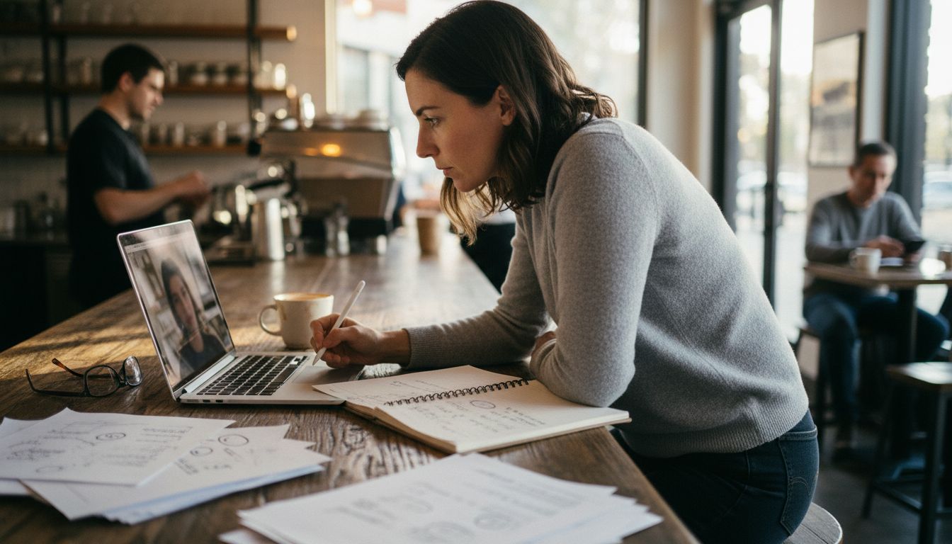 Startup founder conducting a customer interview over a video call at a coffee shop