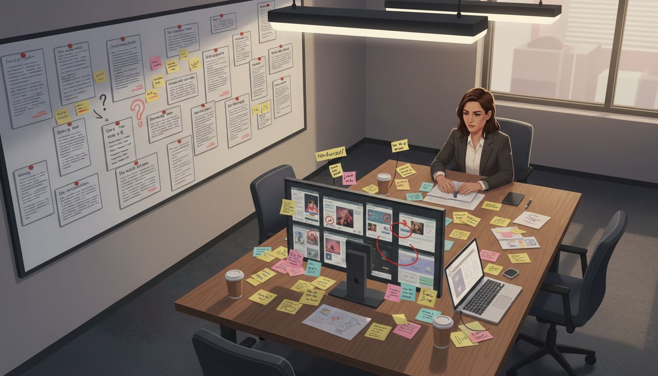 Founder analyzing competitor products and user reviews on a whiteboard covered in sticky notes