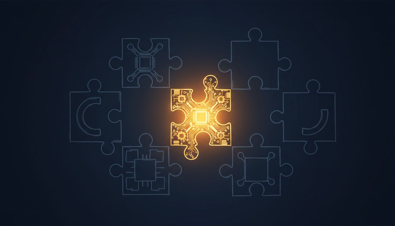 A glowing central product feature surrounded by unbuilt, dimly outlined features representing strategic incompleteness