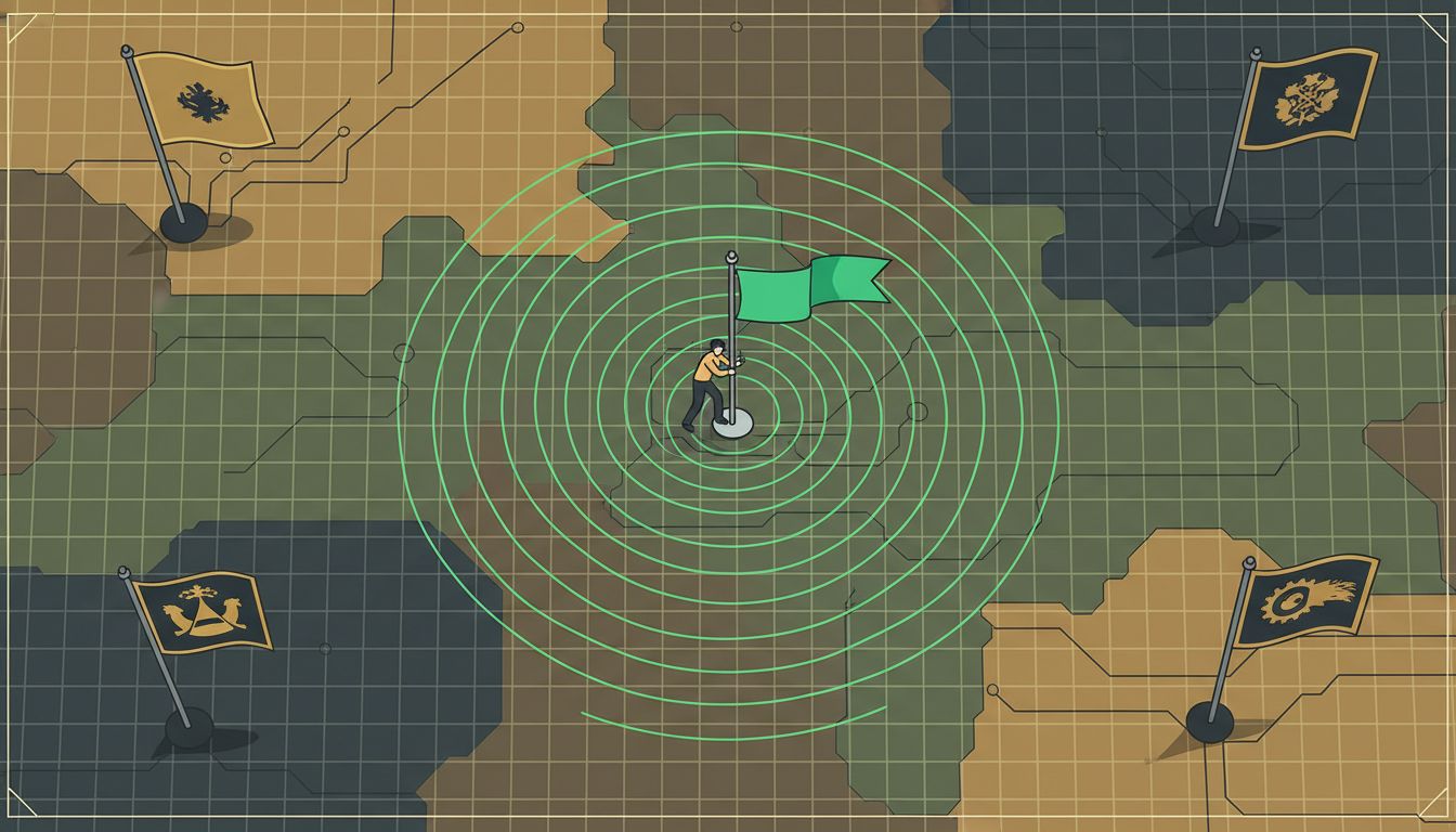 Aerial illustration of a small startup flag radiating influence outward across a large territory map while larger incumbent flags remain stationary