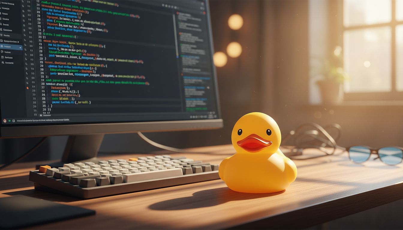 Rubber duck next to a keyboard and code editor on a developer's desk