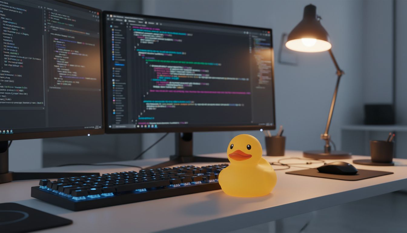 Yellow rubber duck sitting on a developer desk next to a keyboard and code editor