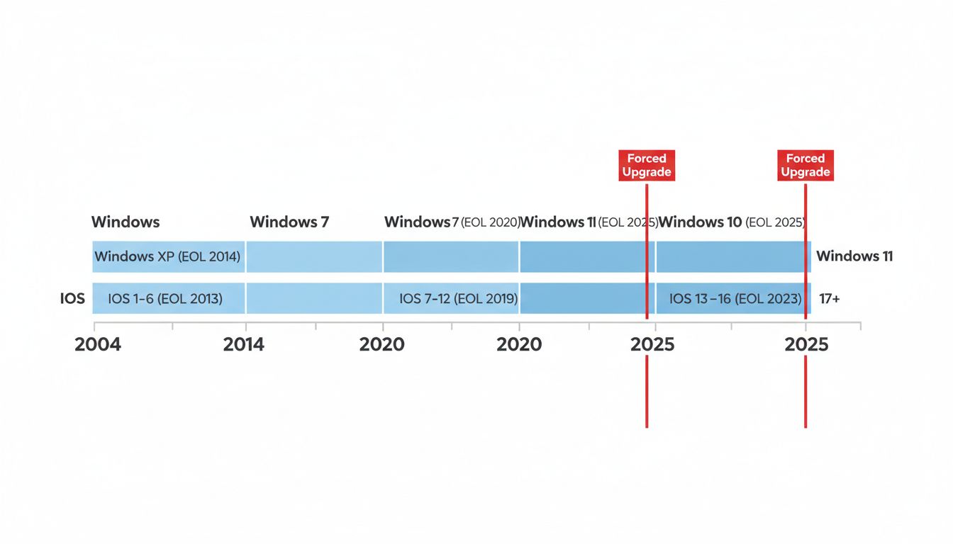 Timeline showing major software end-of-life dates and forced migration points over 20 years