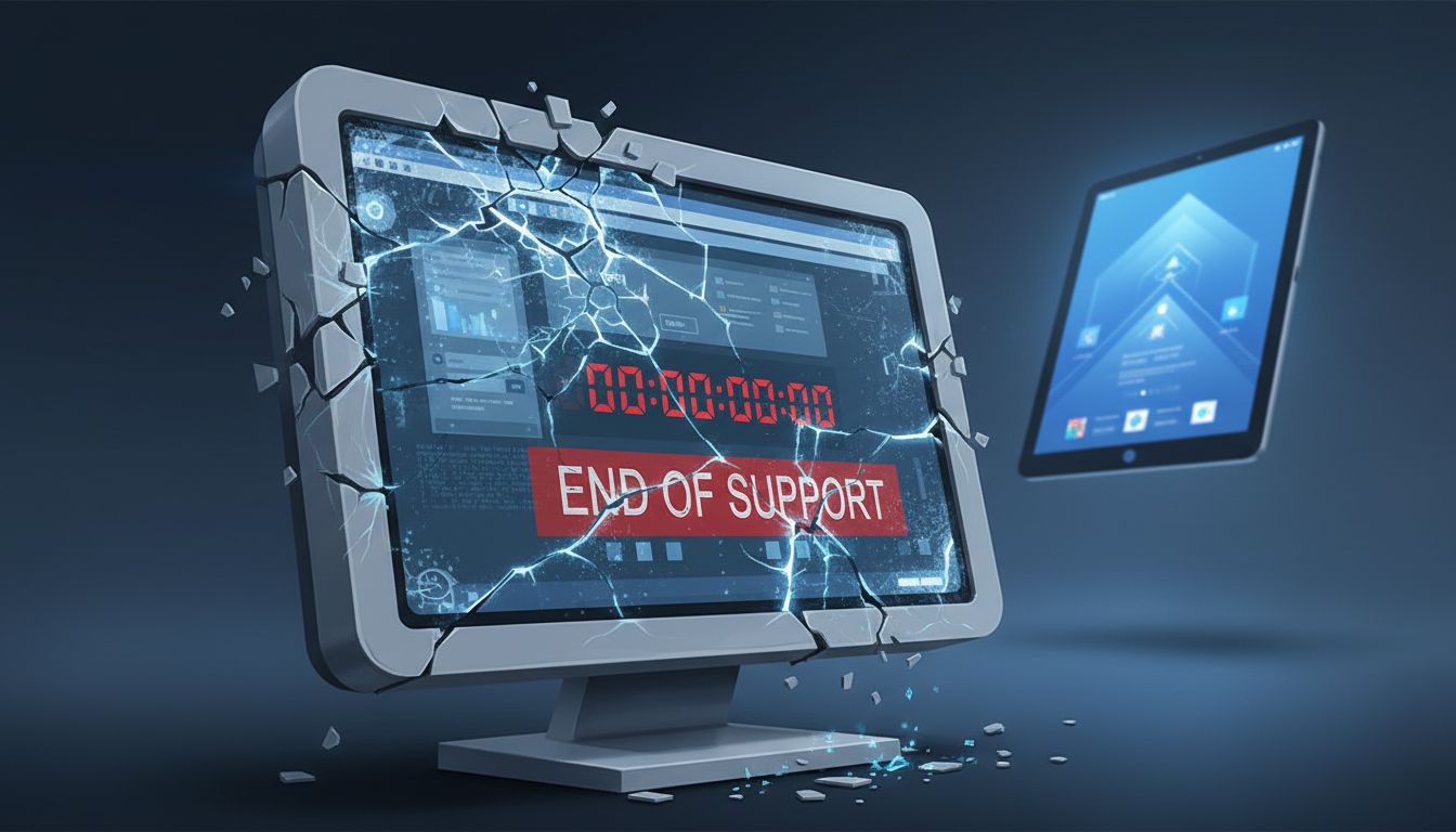 A software interface displaying an end-of-support countdown timer while a newer platform glows in the background