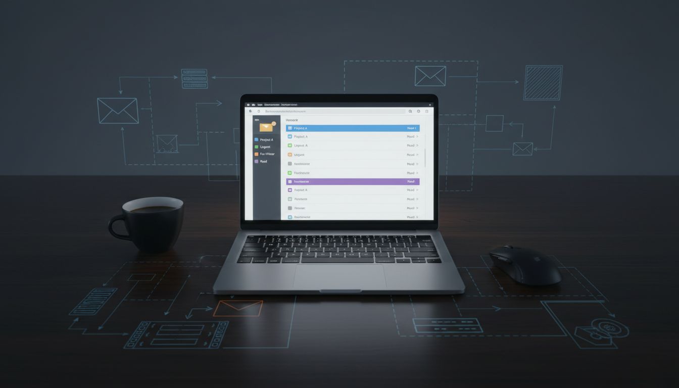Executive laptop showing a clean organized email inbox with color-coded filter labels and minimal unread messages