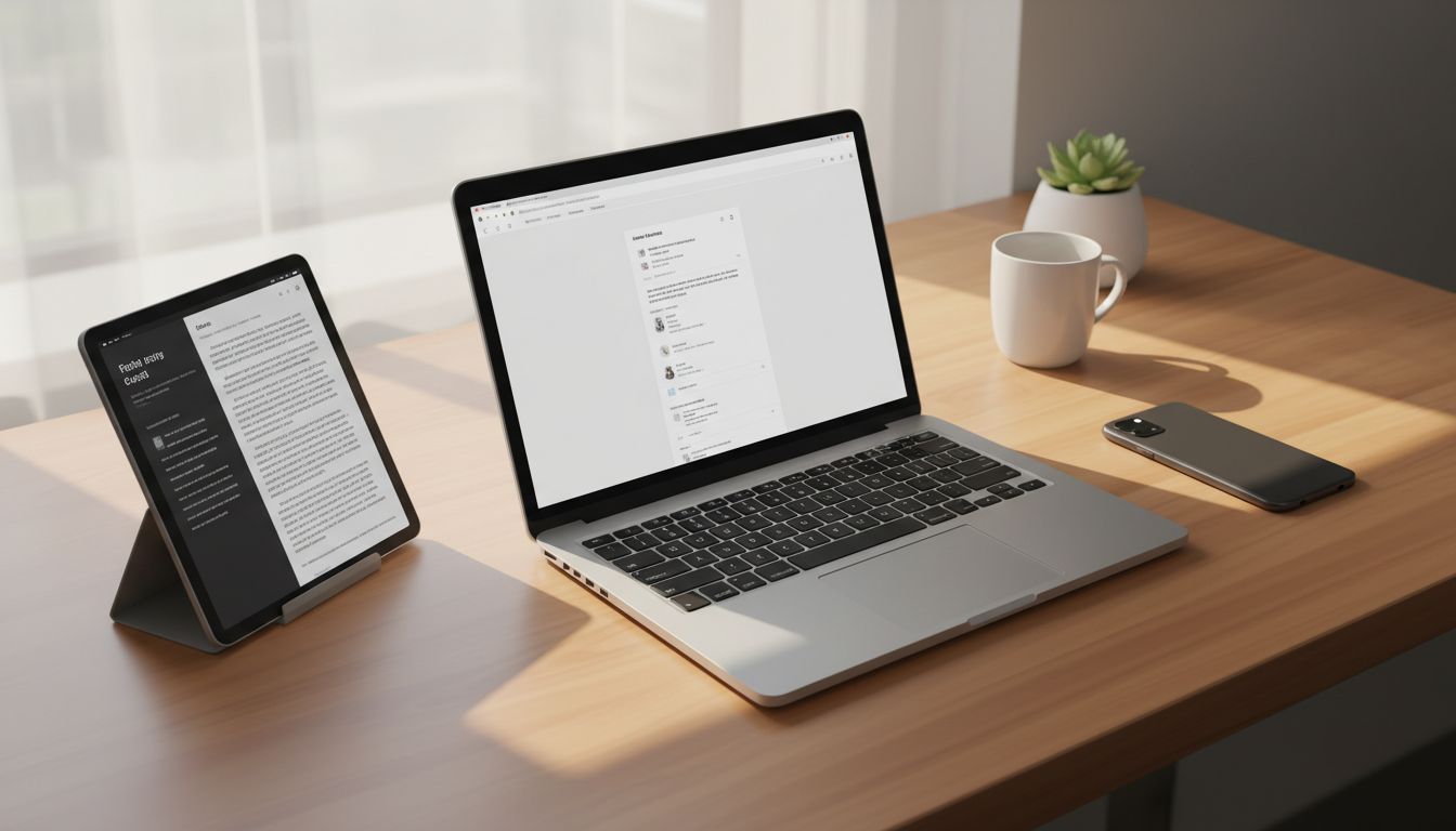 Minimal desk with laptop, phone, and tablet each assigned a distinct role