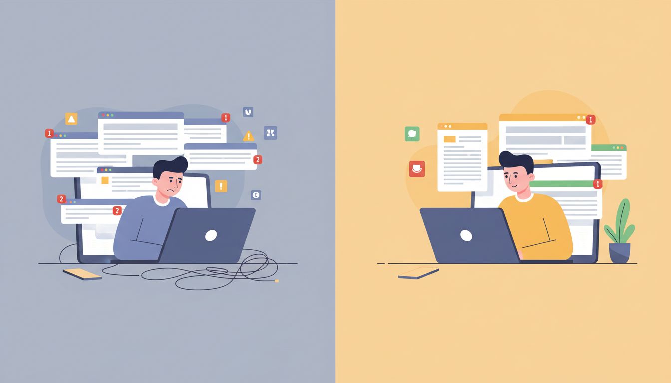 Split illustration contrasting distracted multi-tab work environment with a clean focused single-document setup