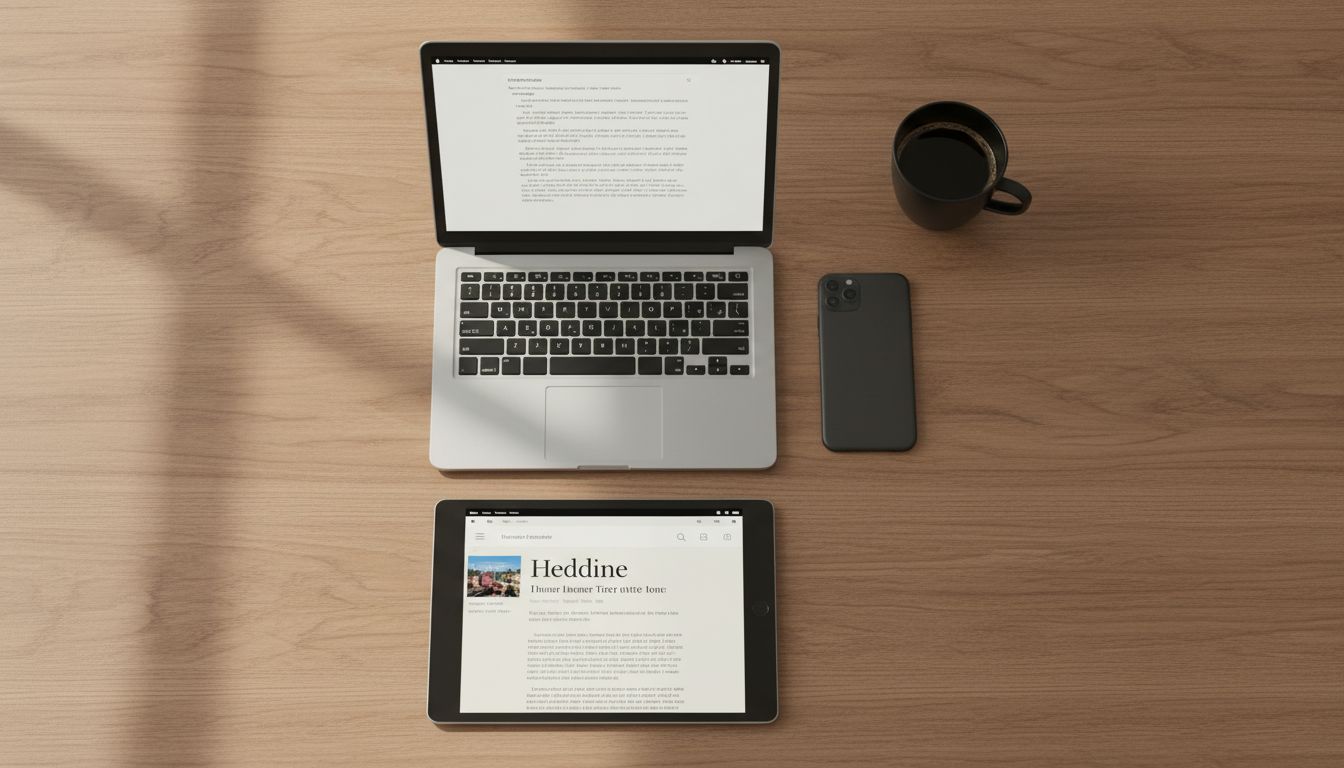 Three devices arranged deliberately on a clean desk representing the 3-Device Rule for deep work