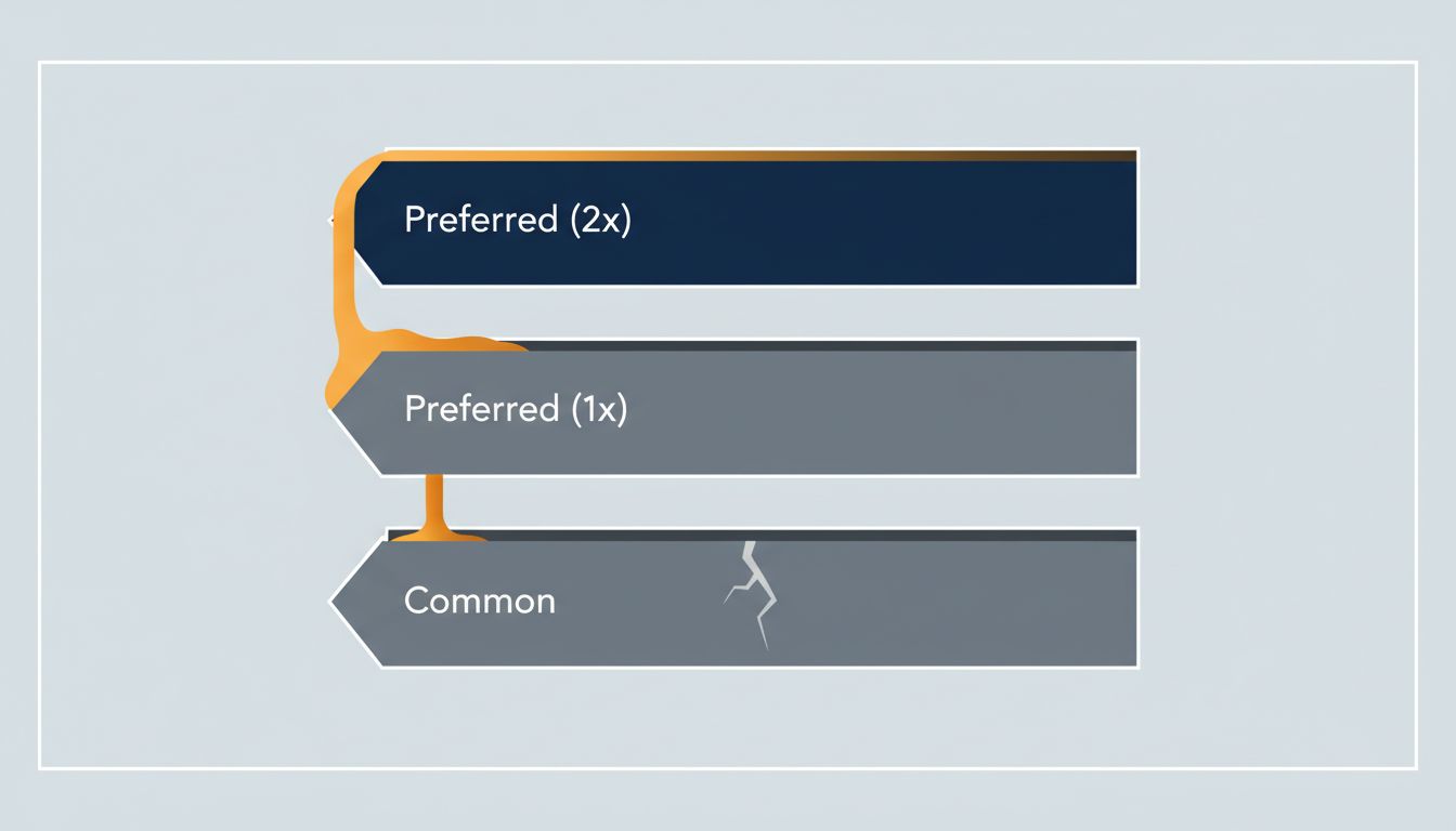 Diagram showing a liquidation preference waterfall where common shareholders receive nothing after preferred liquidation preferences are satisfied