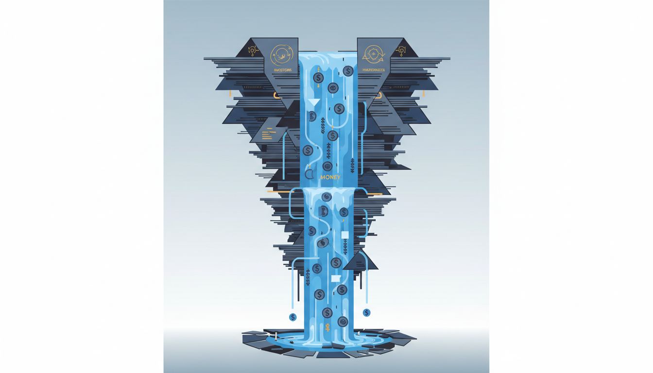 Abstract waterfall illustration representing how acquisition proceeds flow through liquidation preferences before reaching common shareholders