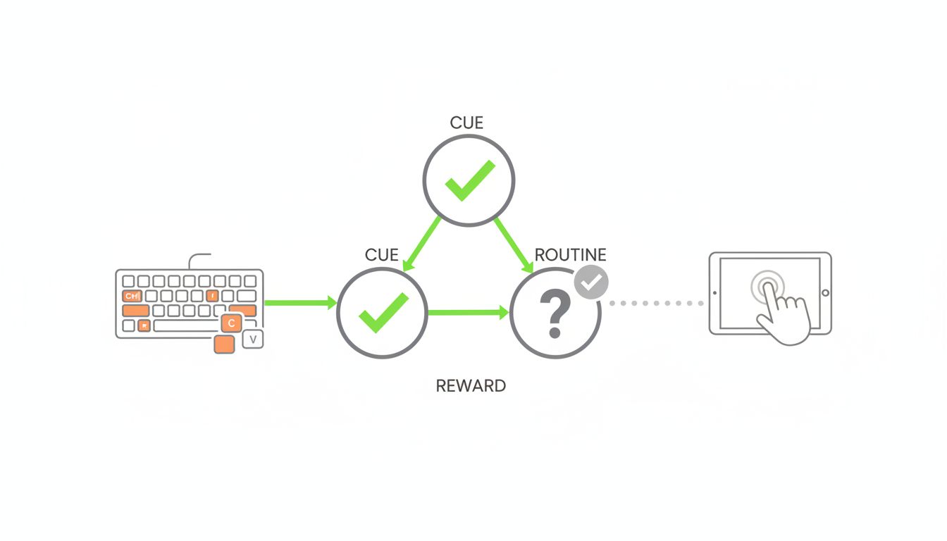 Diagram showing how keyboard shortcuts complete the habit feedback loop more reliably than touch gestures