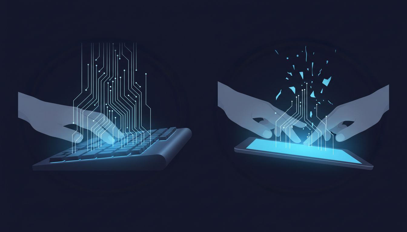 Split illustration comparing neural feedback loops from keyboard shortcuts versus touch gestures