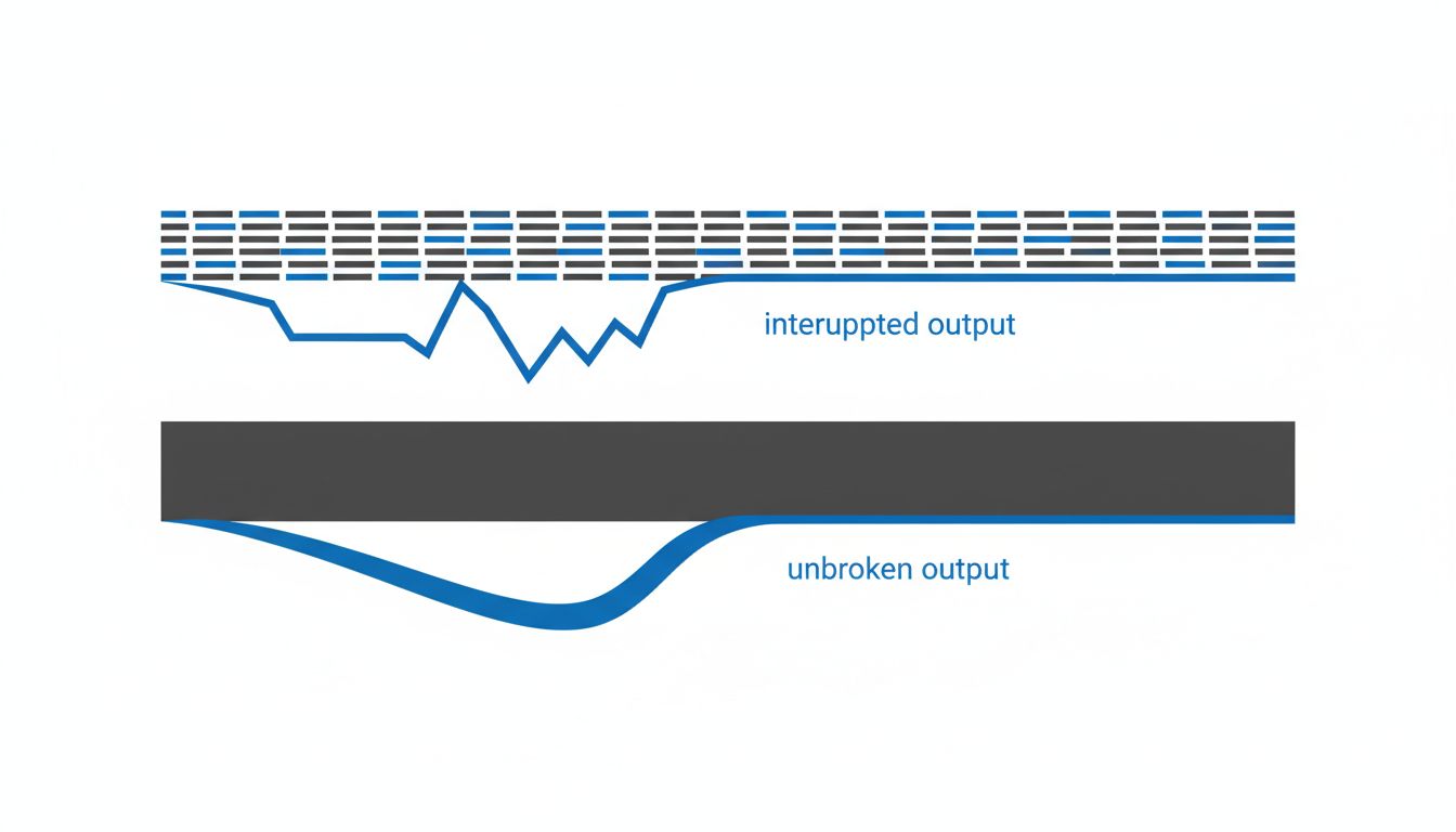 Diagram comparing fragmented work time versus a single focused block and the depth of output each produces