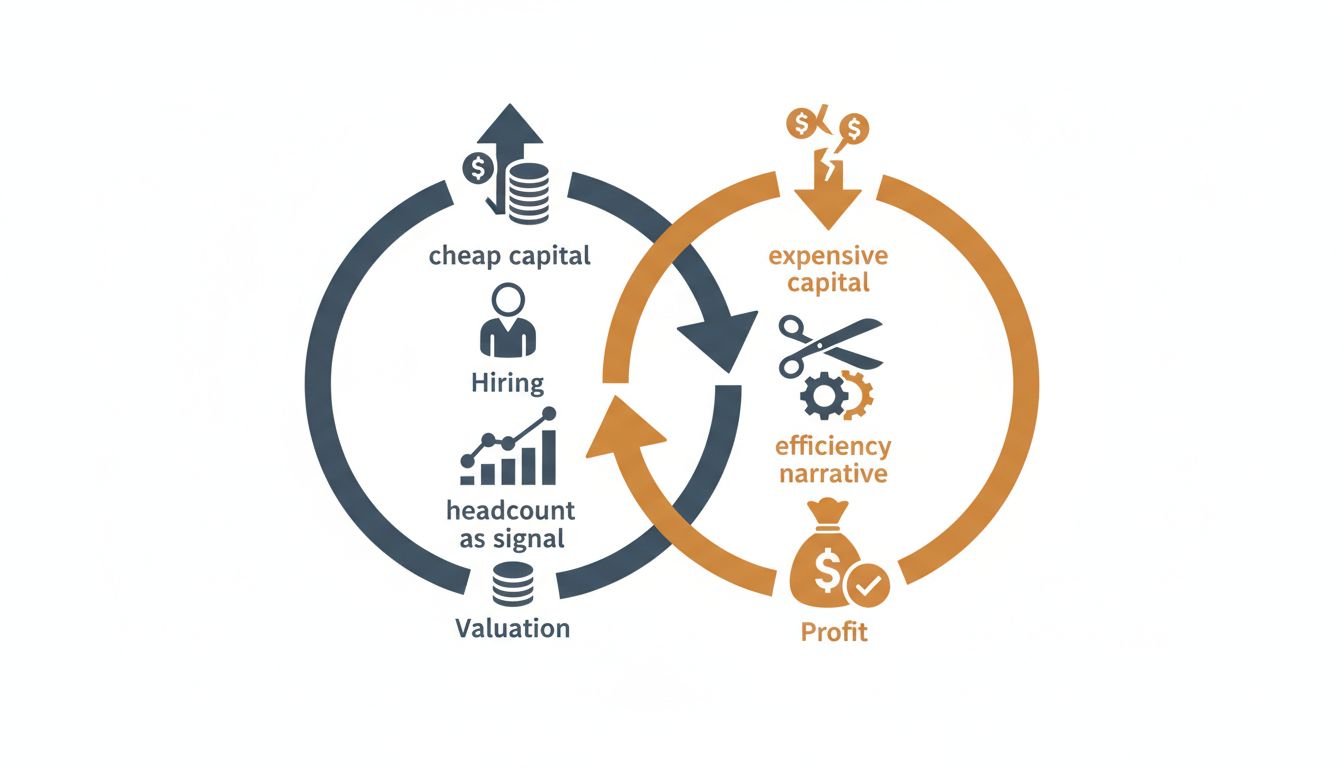 Diagram showing the self-reinforcing cycle between capital costs, hiring, and valuation signals