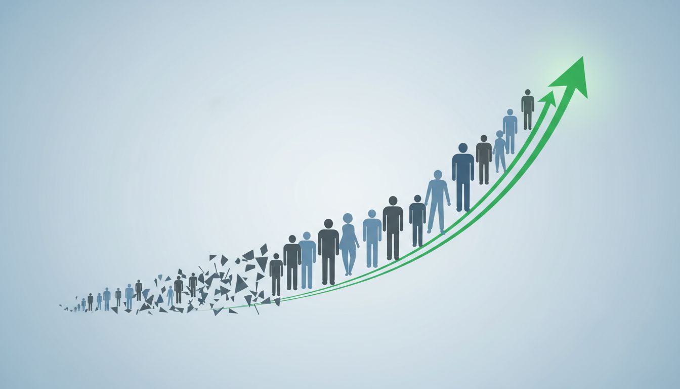 Human silhouettes arranged as a stock chart, with figures disappearing while the line rises