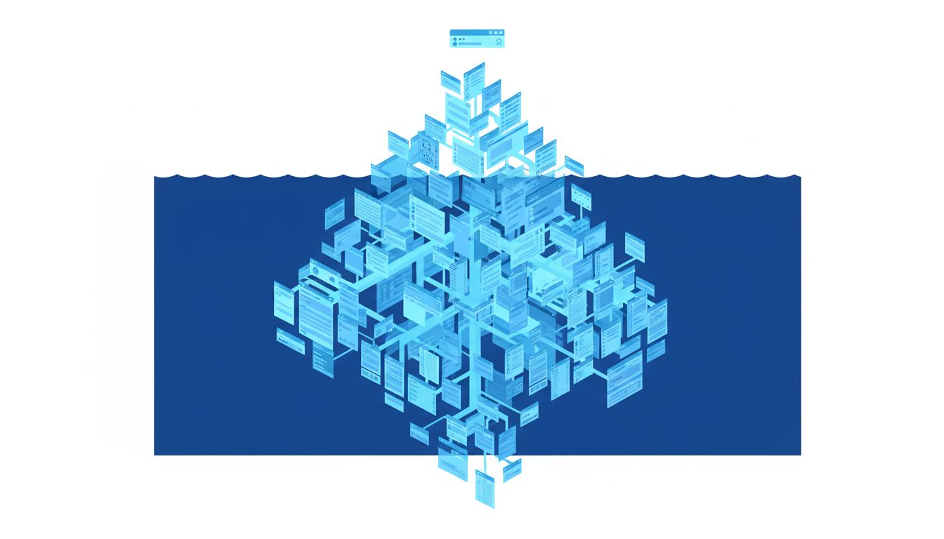 Isometric illustration of software interface menus arranged as an iceberg, showing minimal visible controls above the surface and vast hidden complexity below