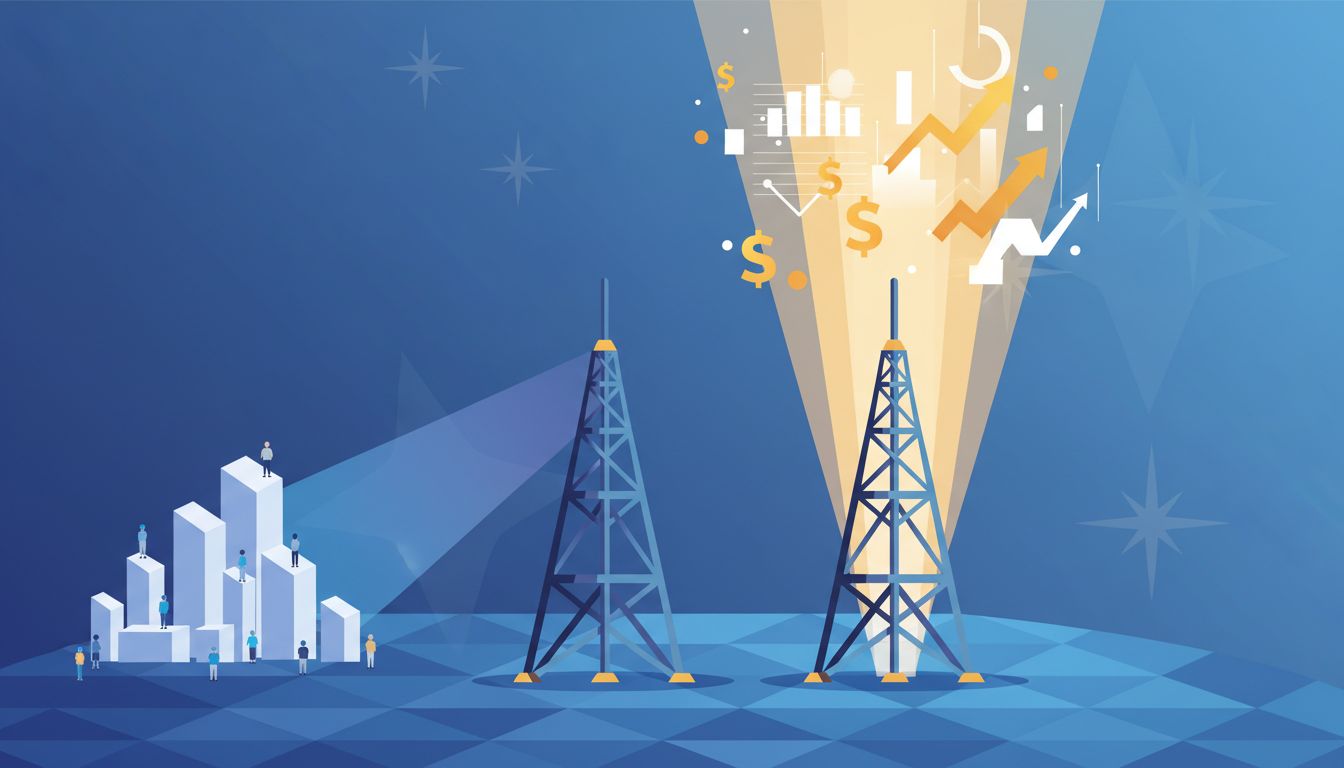 Illustration of two signal towers sending messages to different audiences, one toward users and one toward financial markets