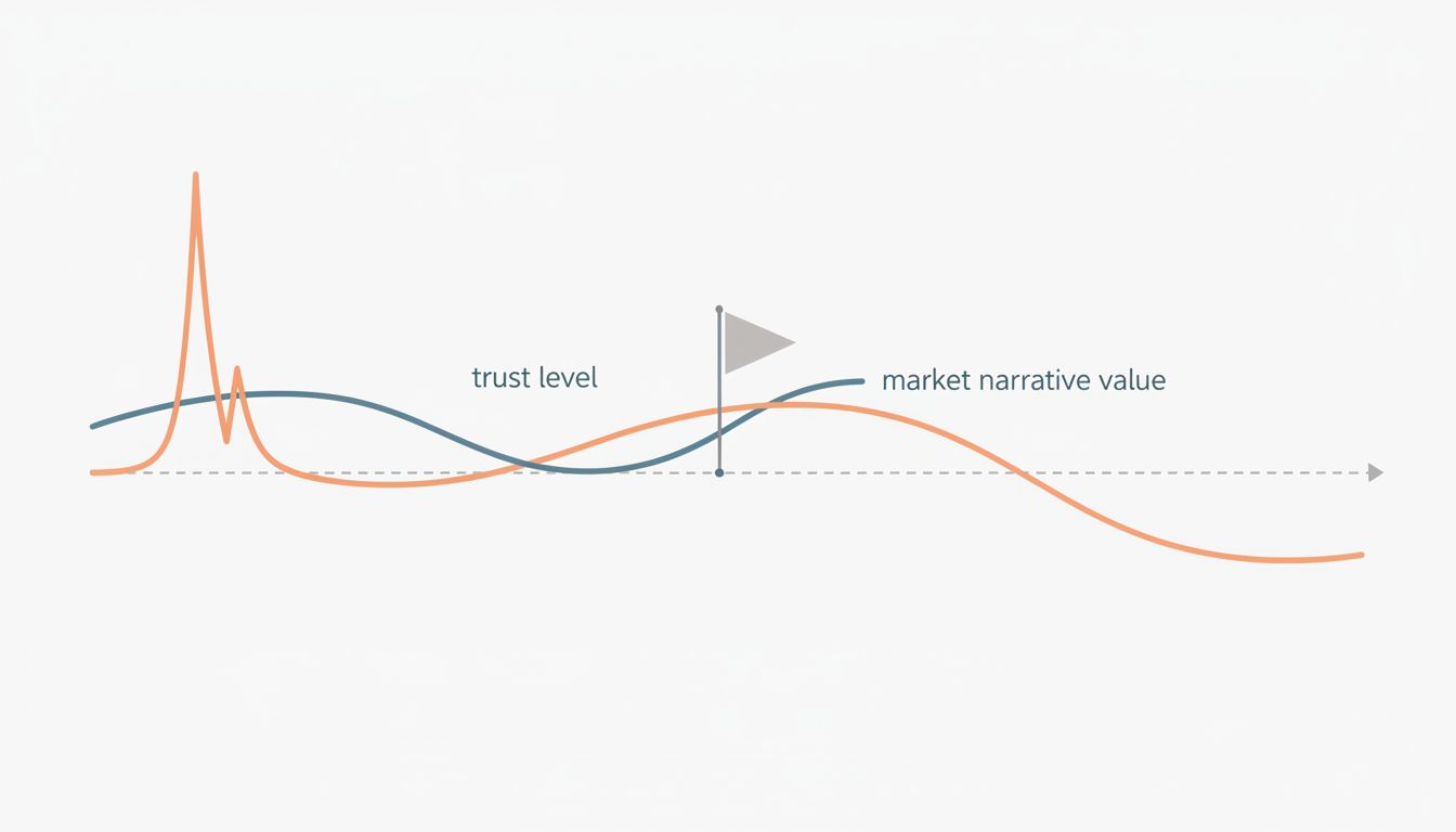 Diagram showing the gap between user trust and market narrative value over time for a new AI product