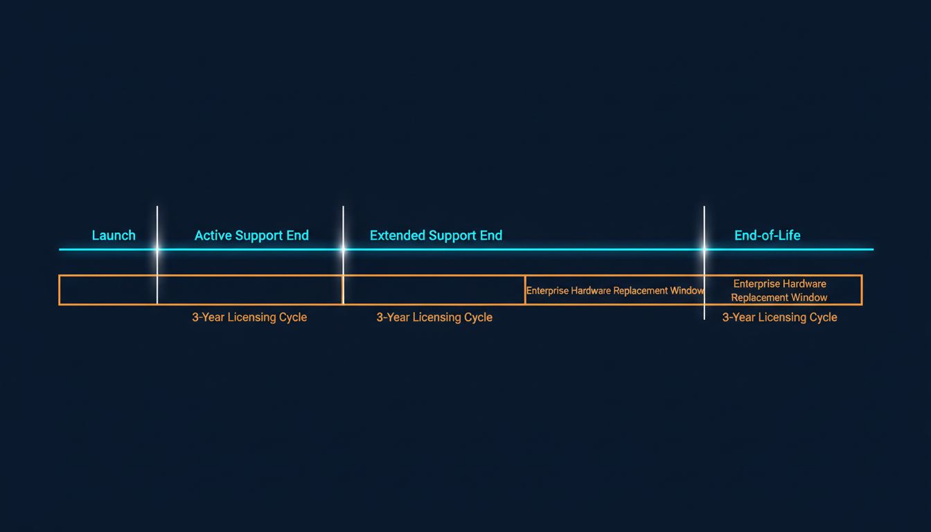Timeline showing how Windows support phases align with enterprise hardware refresh cycles