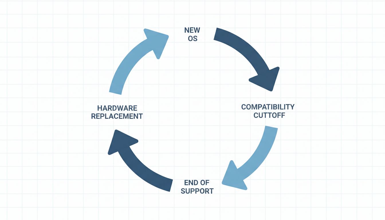 Diagram illustrating the circular upgrade cycle driven by software support deadlines