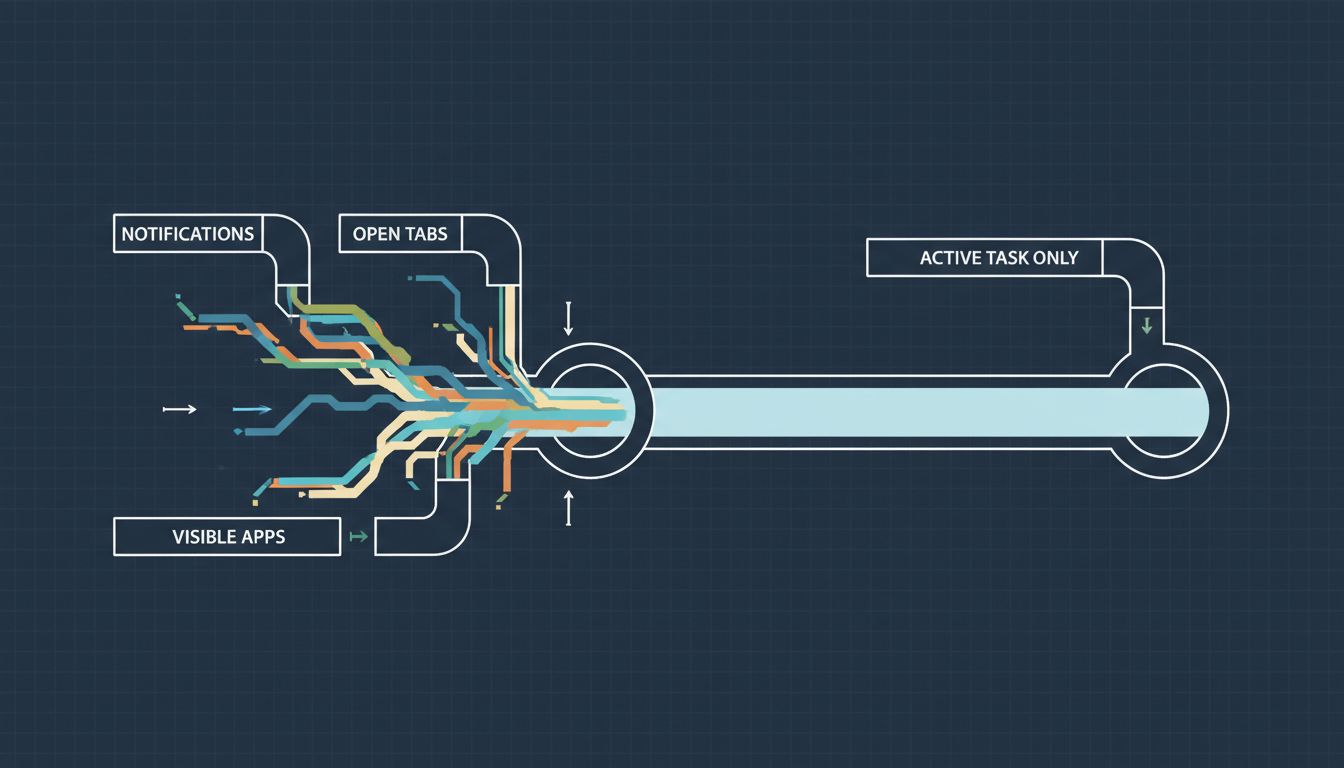 Diagram showing cognitive bandwidth as a pipeline, split between cluttered multitasking and single focused flow