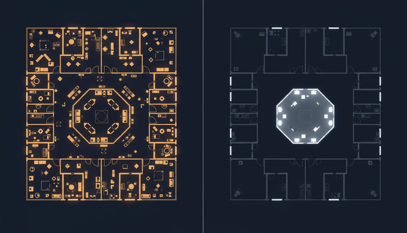 Abstract floor plan illustration contrasting a cluttered active mind with a focused single-task mind