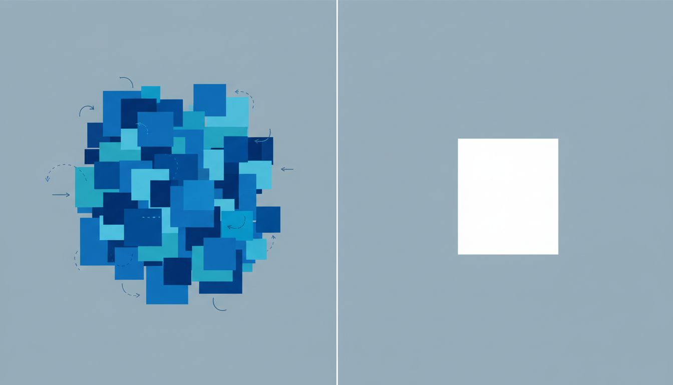 Illustration contrasting cluttered multi-screen information environment with a single focused display