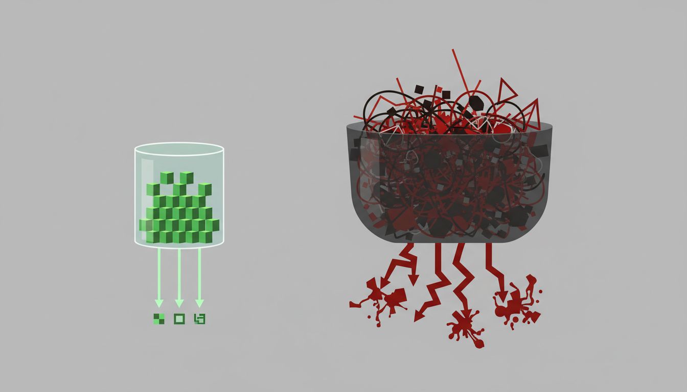 Diagram comparing a small curated model with clean outputs against a large noisy model with degraded outputs