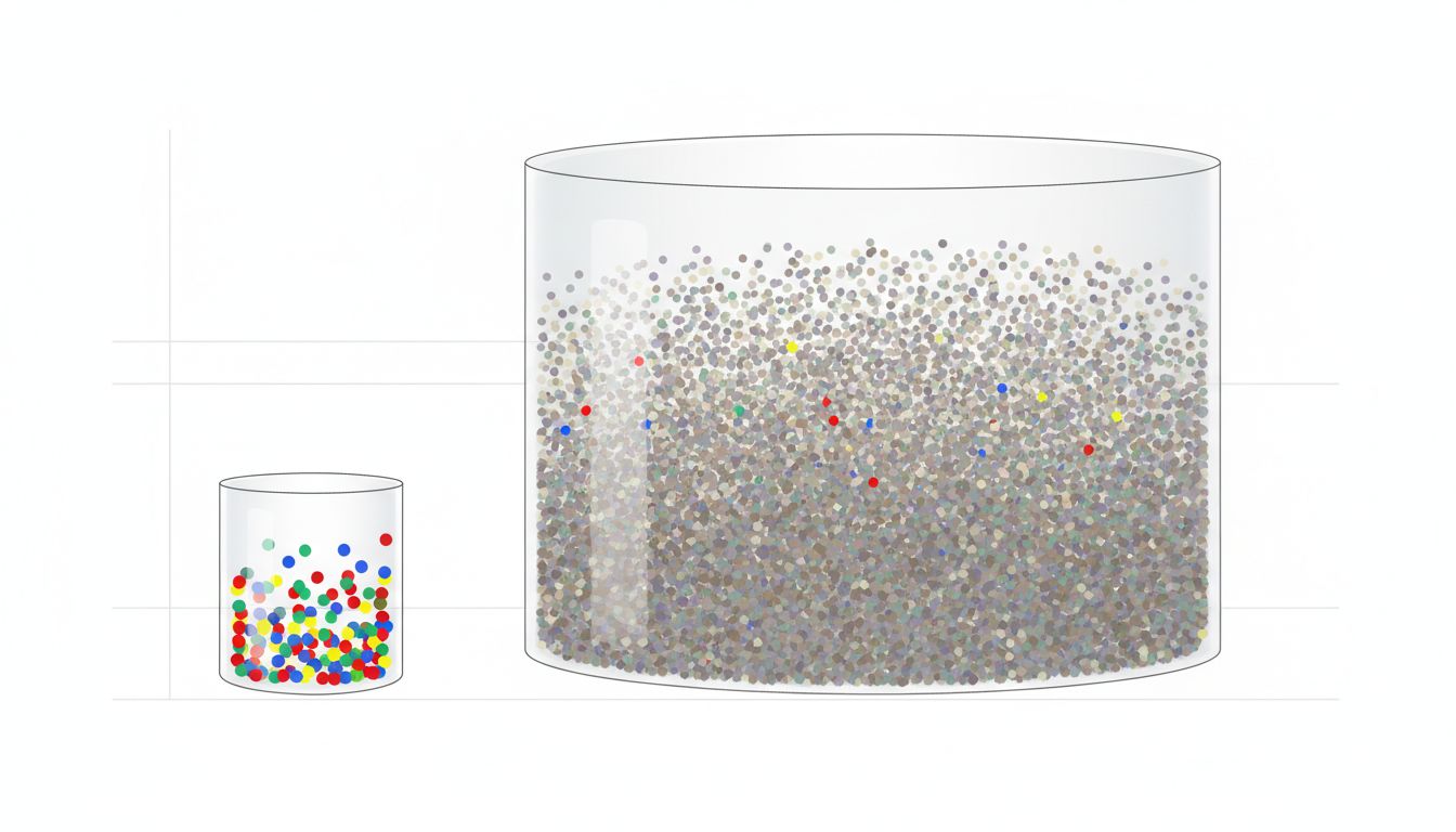 Diagram comparing a small high-quality dataset with a large low-quality dataset, illustrating signal-to-noise ratio