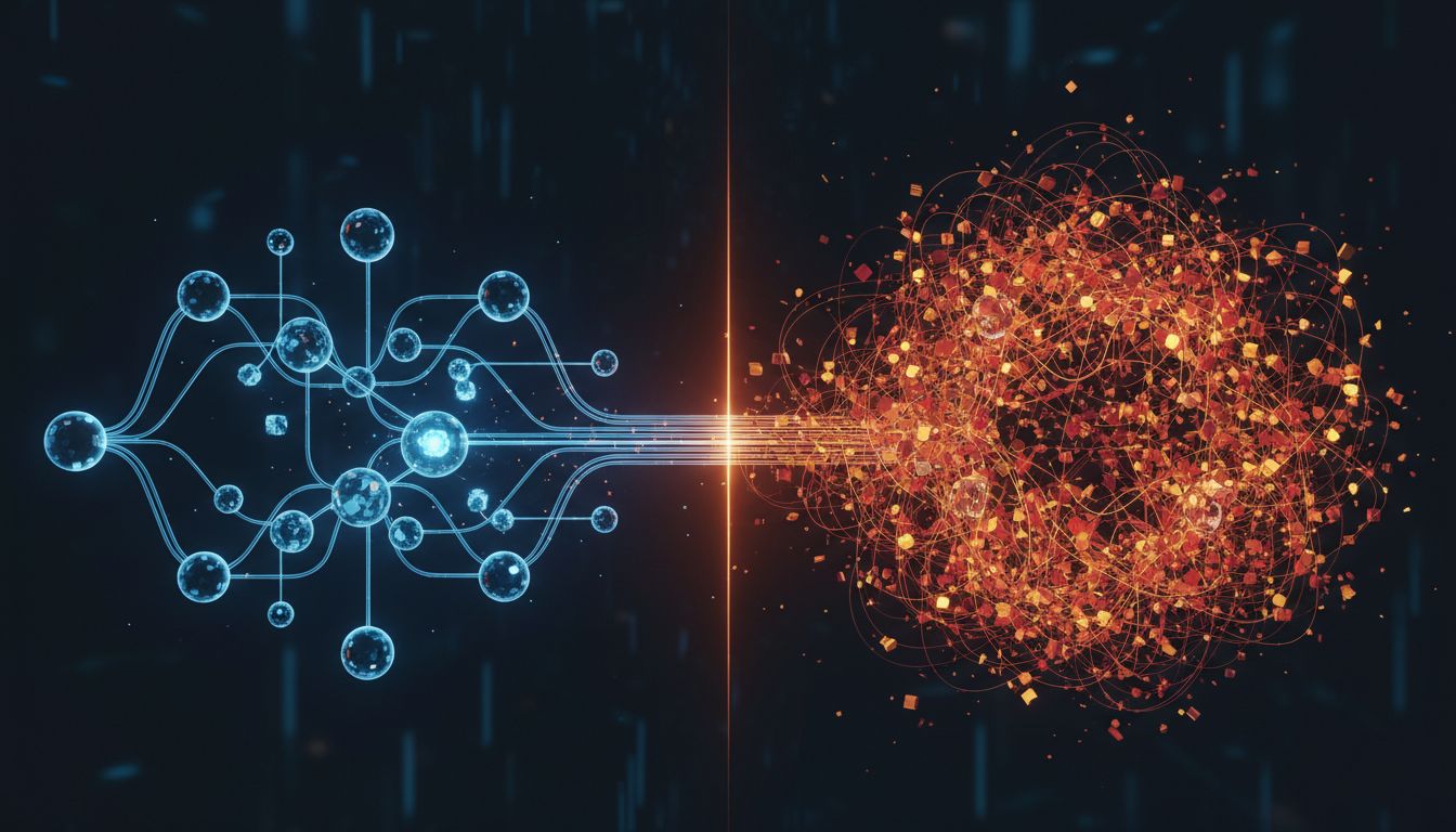 Neural network diagram showing the contrast between clean signal and noisy overfitting data pathways