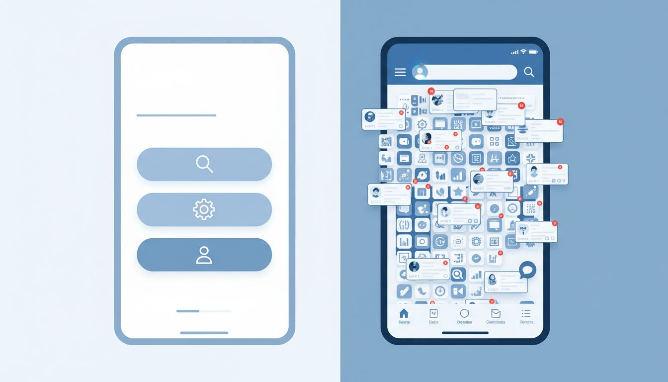 Side-by-side comparison of a simple three-function app interface versus a complex feature-rich interface